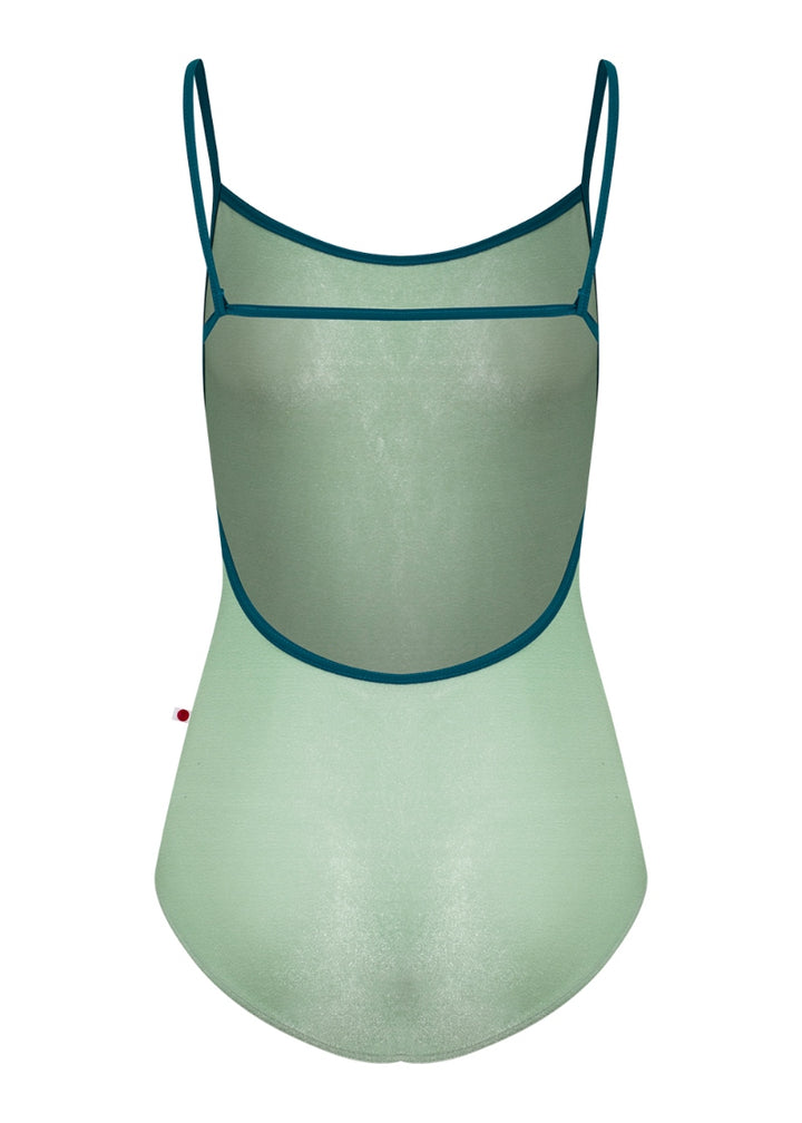 Yumiko Tamara camisole leotard in pale green velvet with teal trim and straps