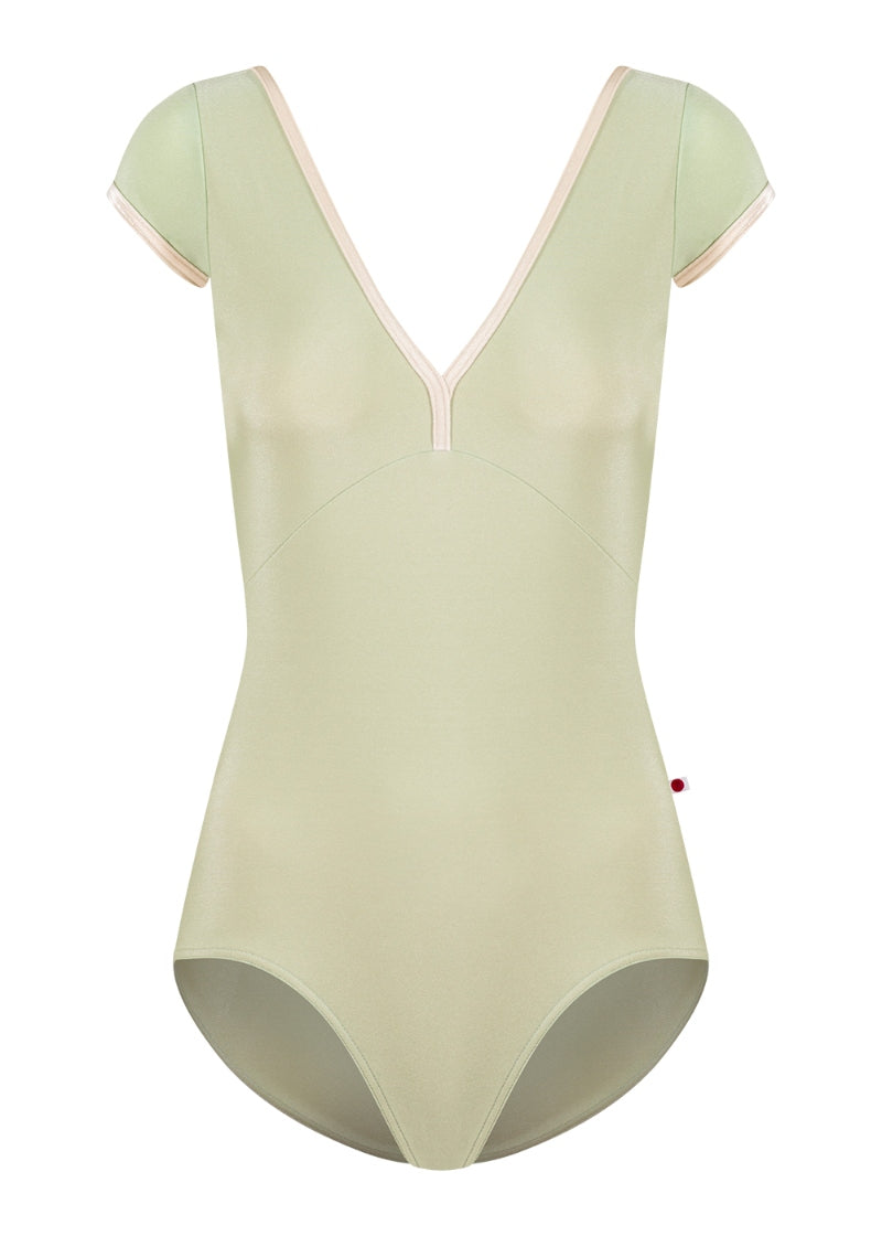 Yumiko Alicia cap sleeve leotard in pale green with cream velvet trim