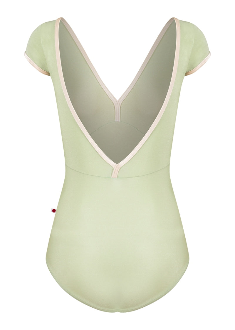 Yumiko Alicia cap sleeve leotard in pale green with cream velvet trim