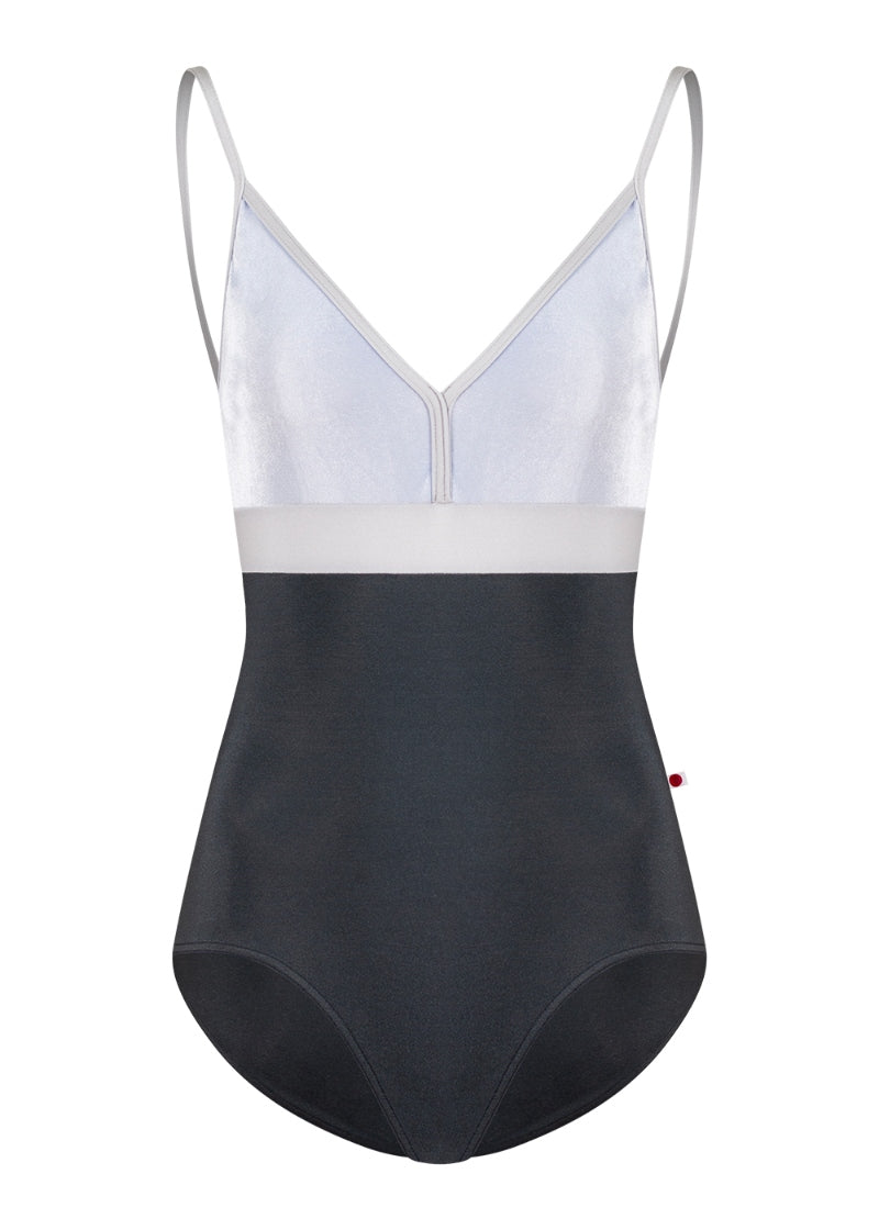 Yumiko Zoe camisole leotard with pale blue velvet bust, dark gray body, and silver waistband and trim