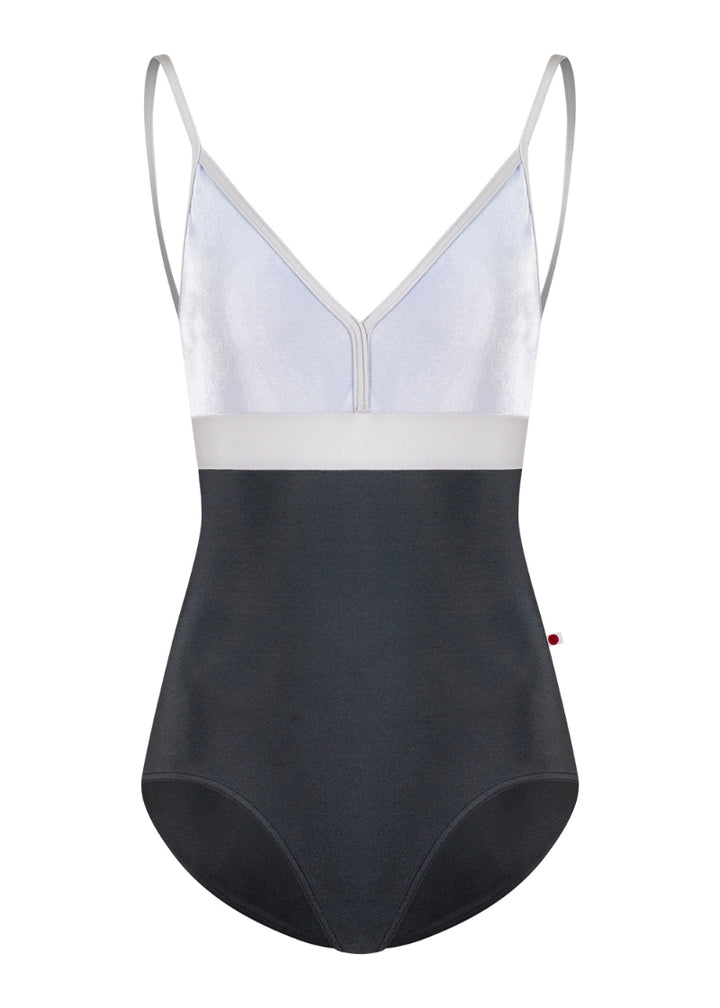 Yumiko Zoe camisole leotard with pale blue velvet bust, dark gray body, and silver waistband and trim