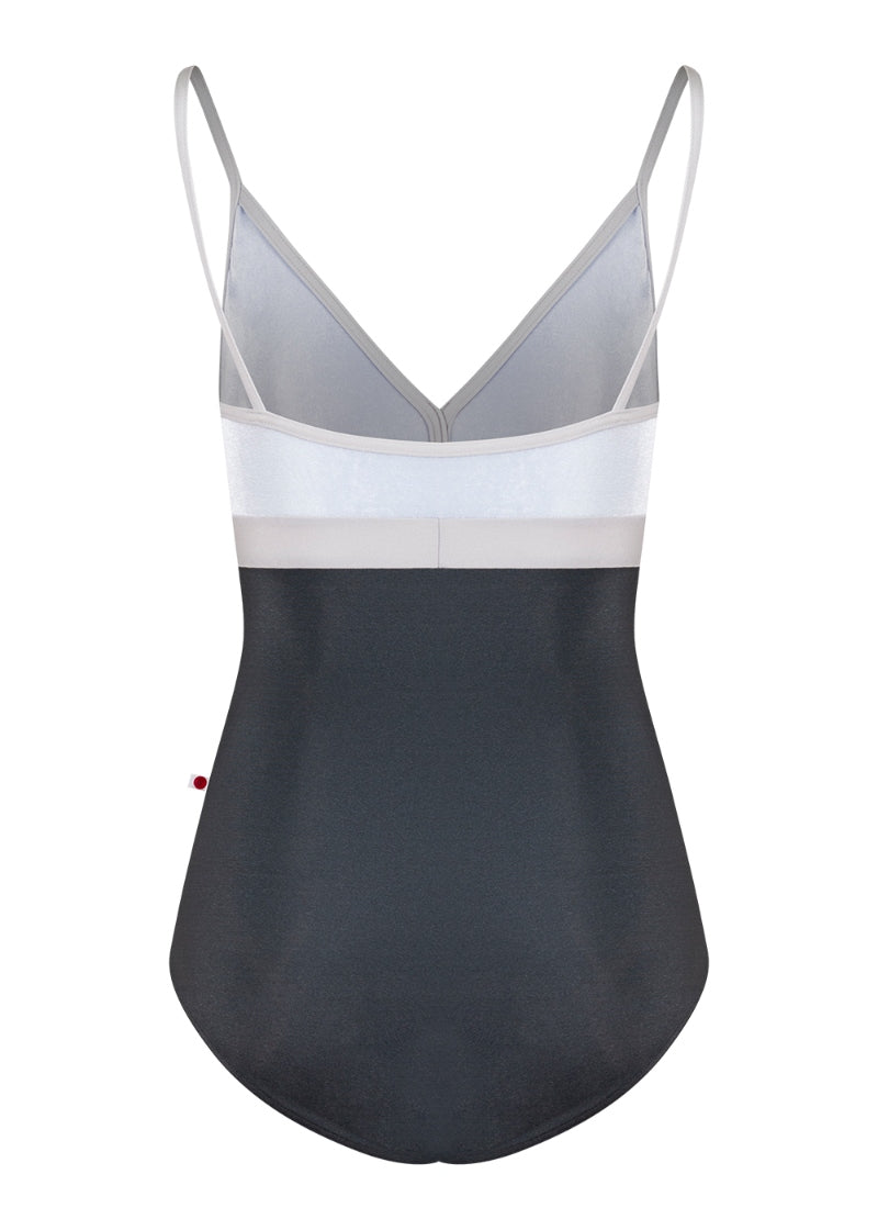 Yumiko Zoe camisole leotard with pale blue velvet bust, dark gray body, and silver waistband and trim