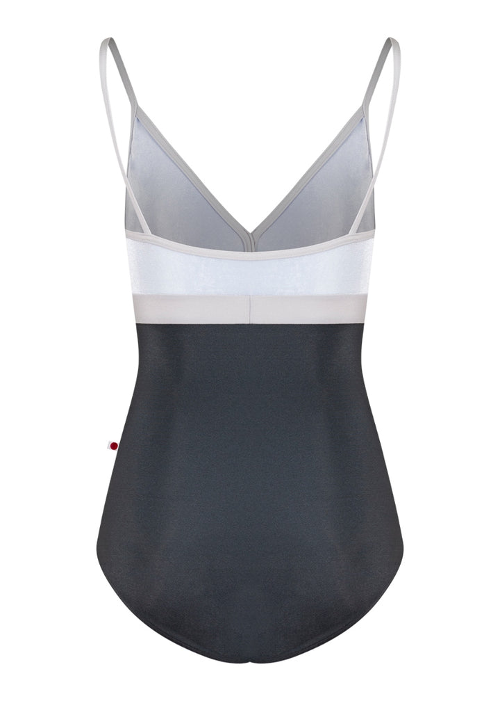 Yumiko Zoe camisole leotard with pale blue velvet bust, dark gray body, and silver waistband and trim