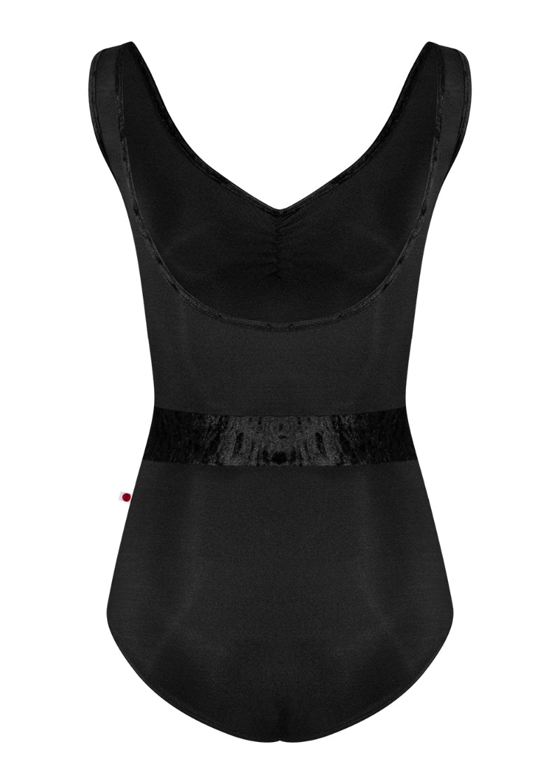 Yumiko Lucy tank leotard in black with crushed velvet waistband and trim