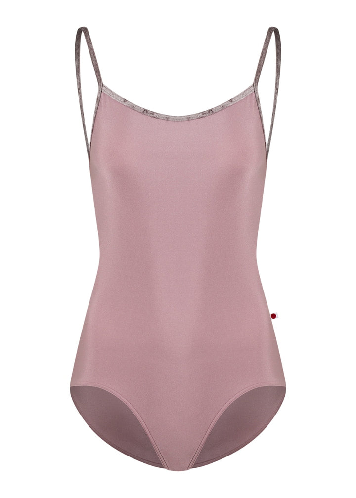 Yumiko Kiki camisole leotard in blush pink with mauve crushed velvet trim