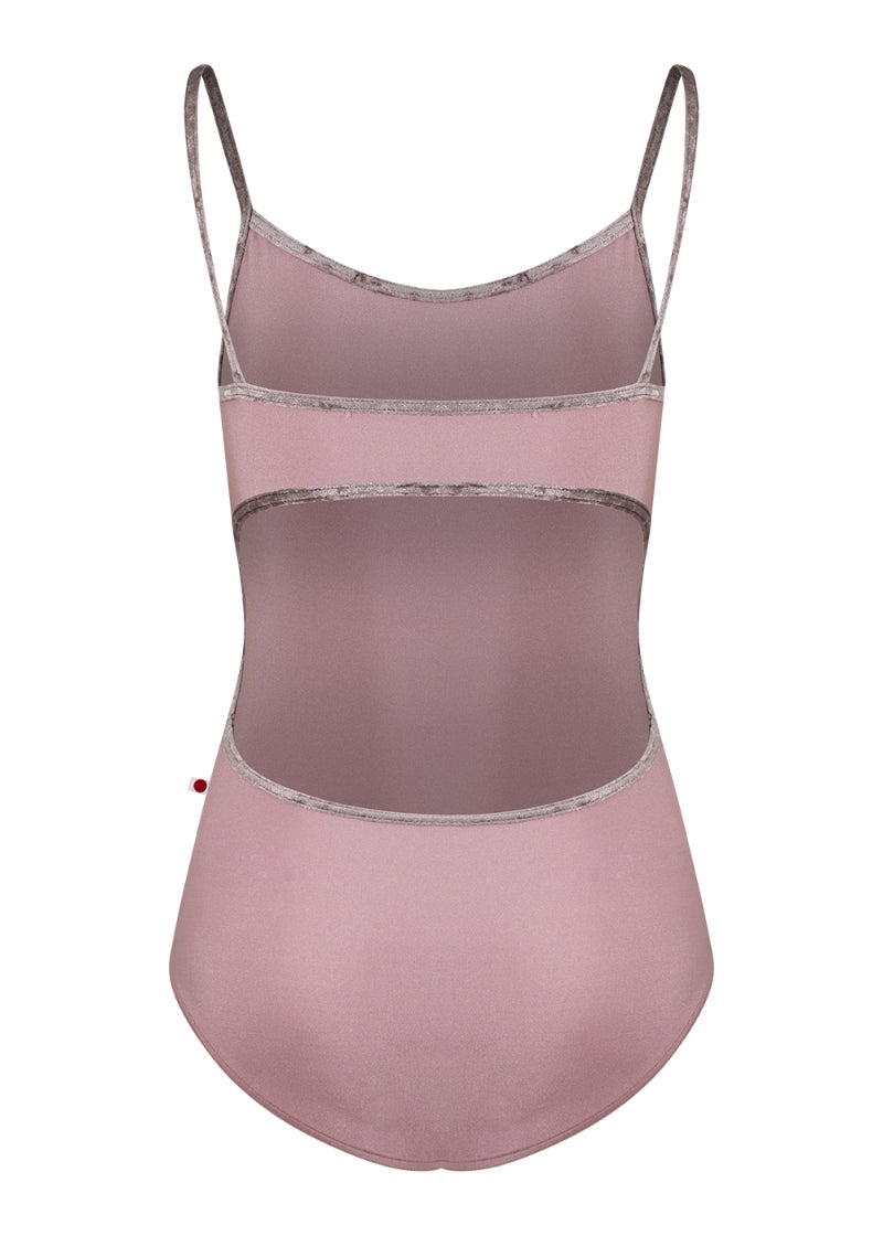 Yumiko Kiki camisole leotard in blush pink with mauve crushed velvet trim