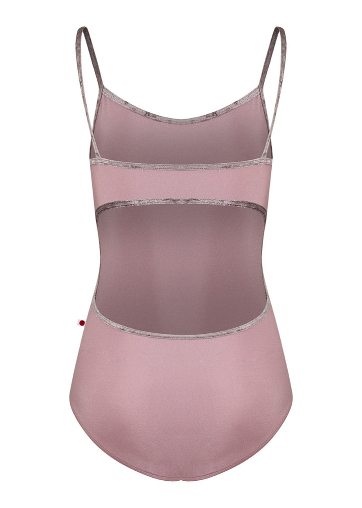 Yumiko Kiki camisole leotard in blush pink with mauve crushed velvet trim