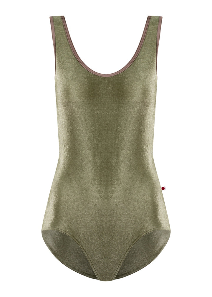Yumiko Veronique tank leotard in olive green velvet with dusty pink trim