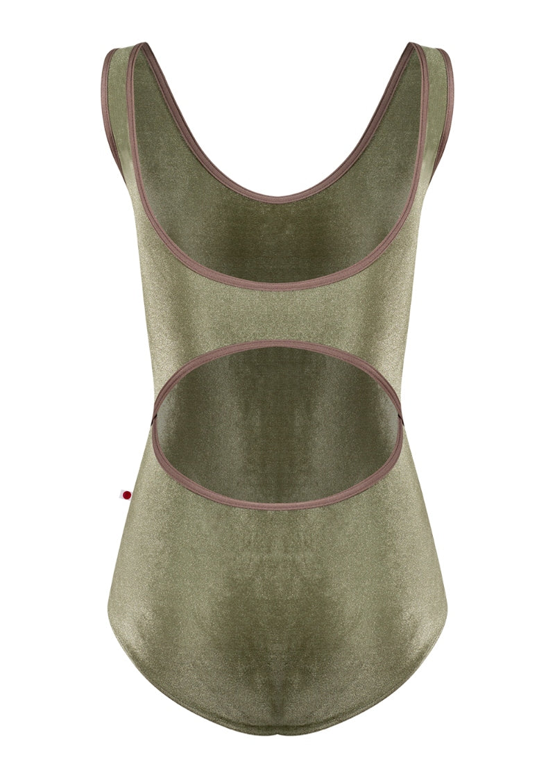 Yumiko Veronique tank leotard in olive green velvet with dusty pink trim