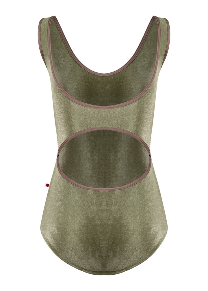 Yumiko Veronique tank leotard in olive green velvet with dusty pink trim