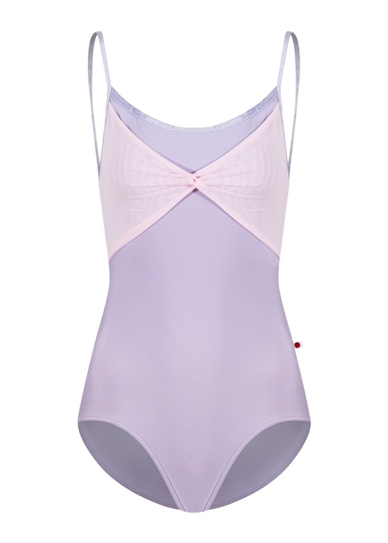 Yumiko women's Kathy camisole leotard in light purple with light pink twist front mesh bust overlay and light purple velvet trim and straps.