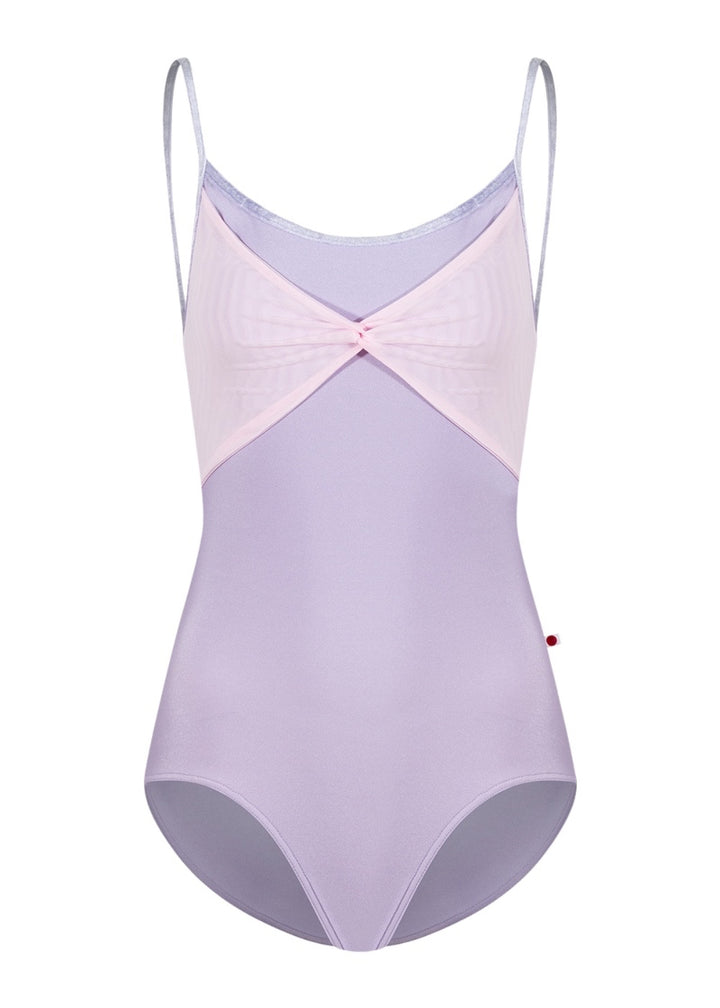Yumiko women's Kathy camisole leotard in light purple with light pink twist front mesh bust overlay and light purple velvet trim and straps.