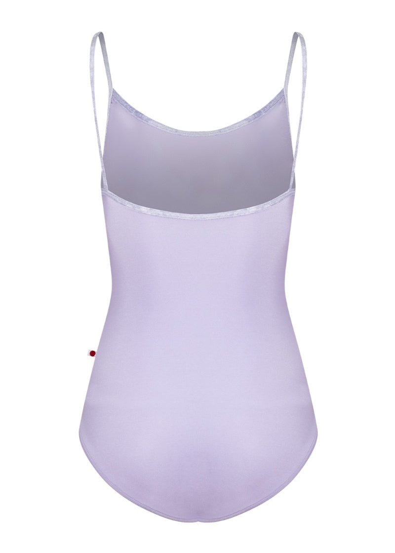 Yumiko women's Kathy camisole leotard in light purple with velvet trim and straps.