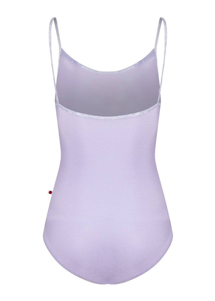 Yumiko women's Kathy camisole leotard in light purple with velvet trim and straps.
