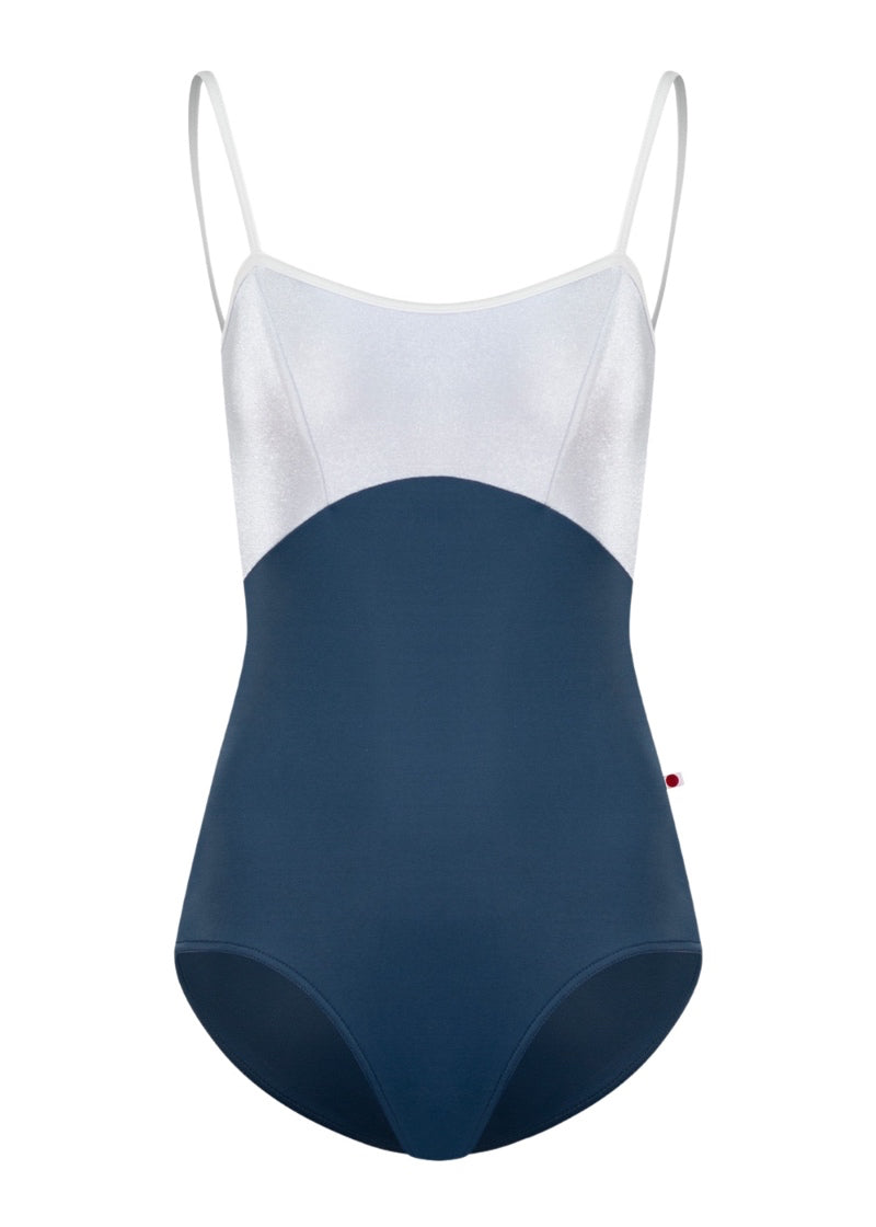 Yumiko women's Denise camisole leotard in dark blue with white top and princess seams.