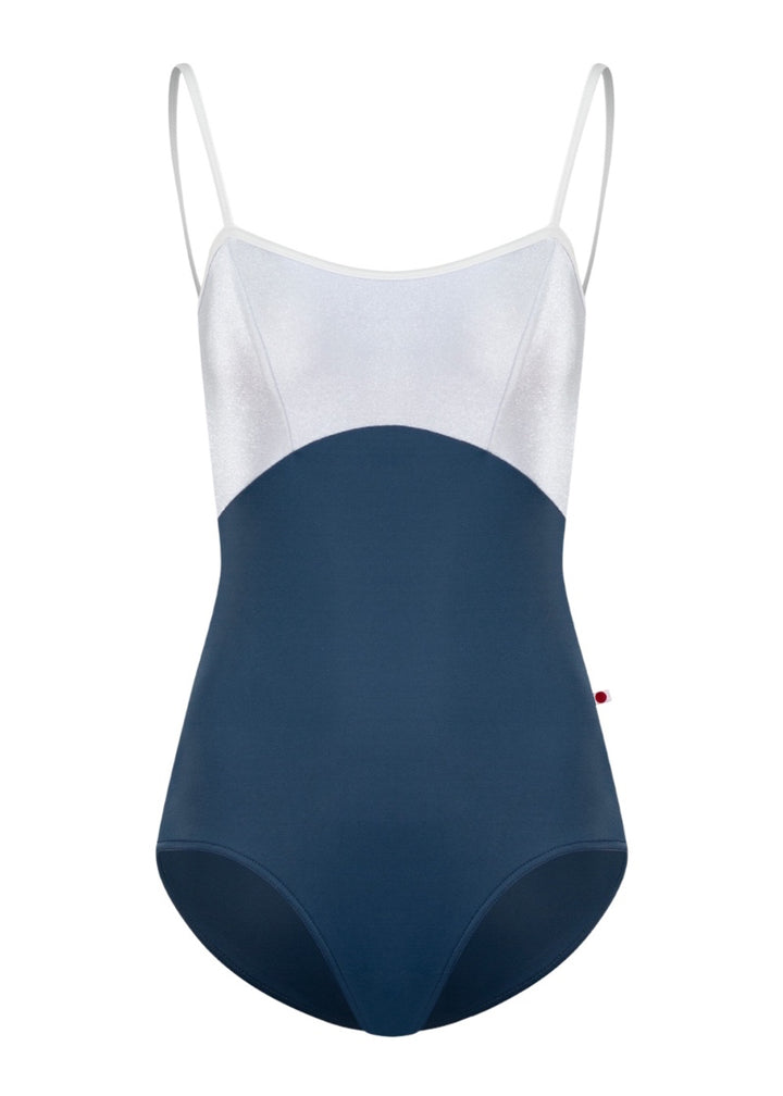 Yumiko women's Denise camisole leotard in dark blue with white top and princess seams.