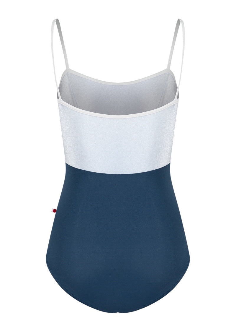 Yumiko women's Denise camisole leotard in dark blue with white top.