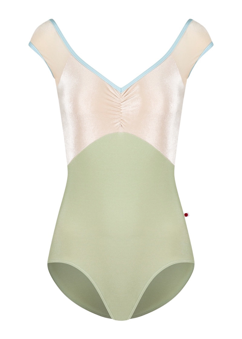 Yumiko women's Elli cap sleeve leotard in light green with pale yellow velvet top, pinch front, and light blue trim.