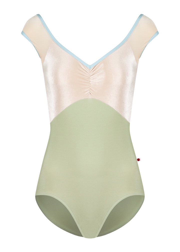 Yumiko women's Elli cap sleeve leotard in light green with pale yellow velvet top, pinch front, and light blue trim.