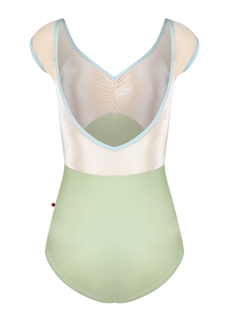 Yumiko women's Elli cap sleeve leotard in light green with pale yellow velvet top and light blue trim.