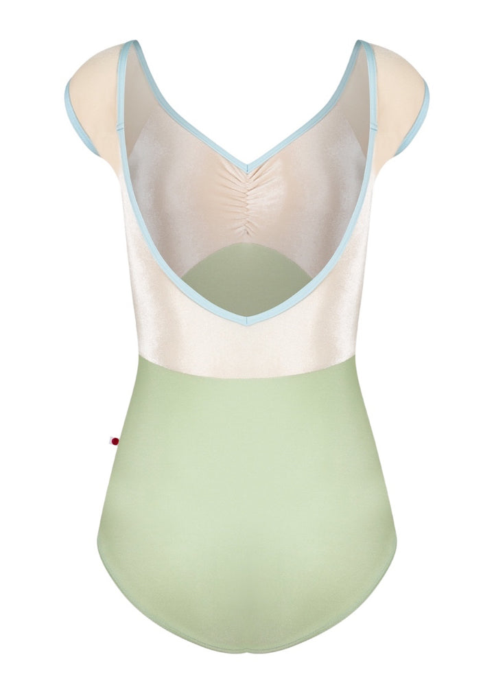 Yumiko women's Elli cap sleeve leotard in light green with pale yellow velvet top and light blue trim.