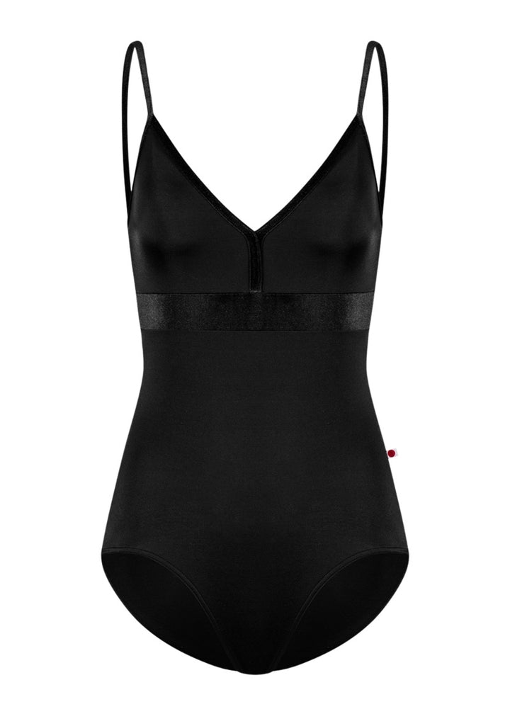 Yumiko women's Zoe camisole leotard in black with velvet trim and straps.