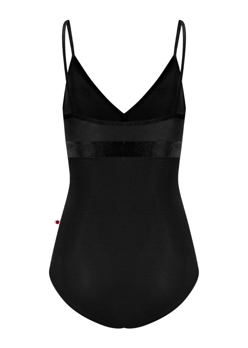 Yumiko women's Zoe camisole leotard in black with velvet trim and straps.