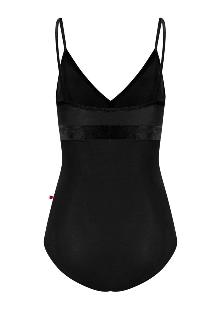 Yumiko women's Zoe camisole leotard in black with velvet trim and straps.