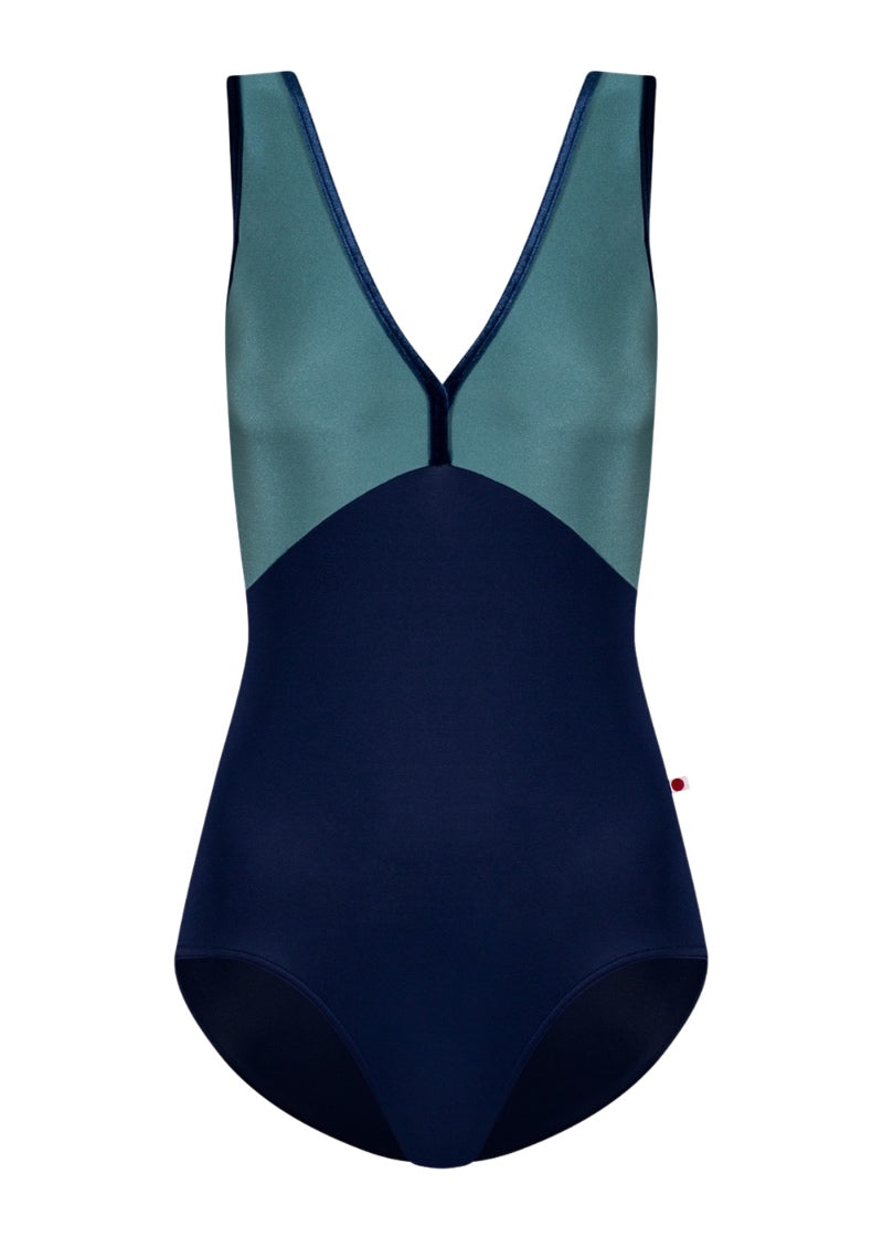Yumiko women's Alicia tank leotard in dark blue with green top and dark blue velvet trim.