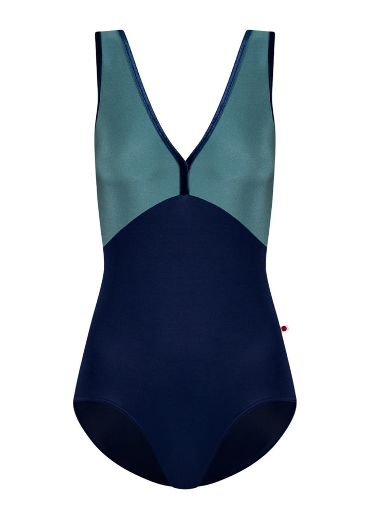Yumiko women's Alicia tank leotard in dark blue with green top and dark blue velvet trim.