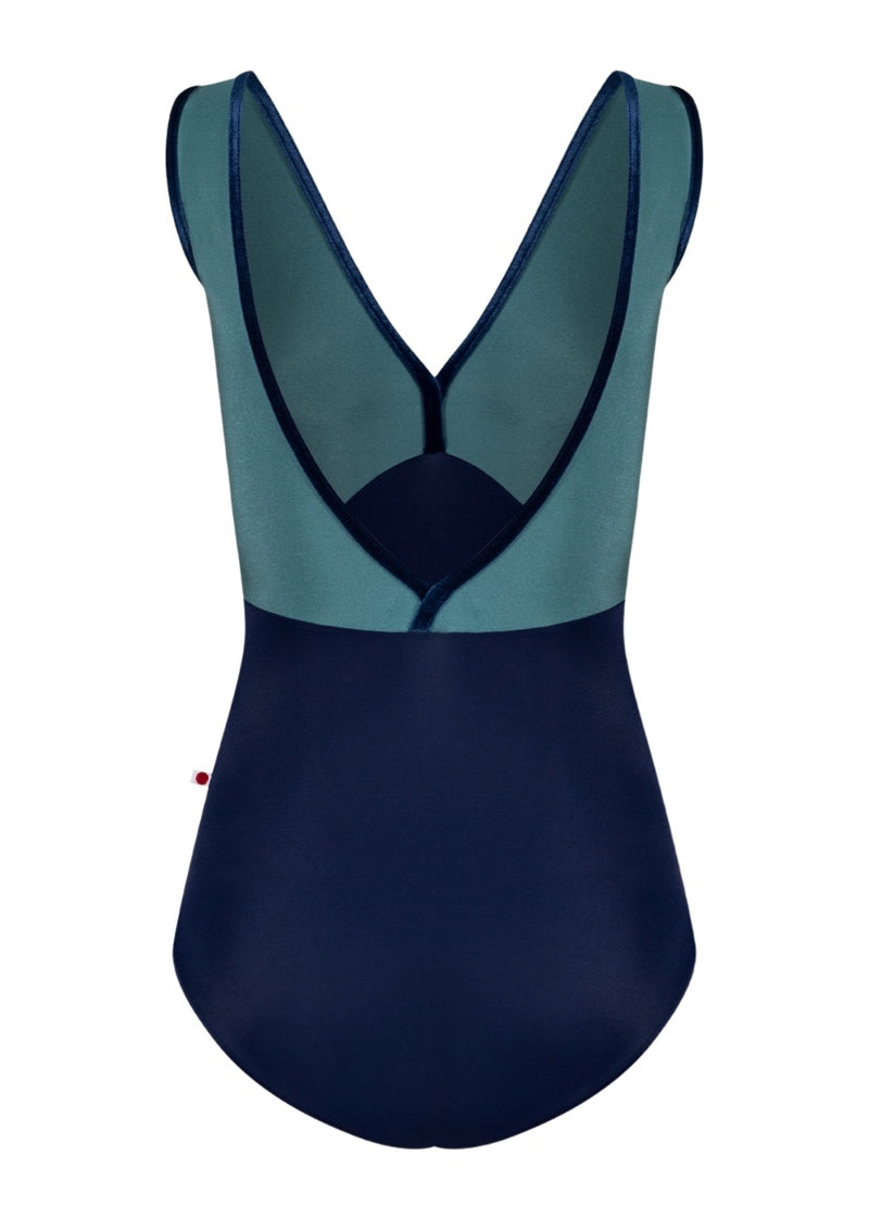 Yumiko women's Alicia tank leotard in dark blue with green top and dark blue velvet trim.