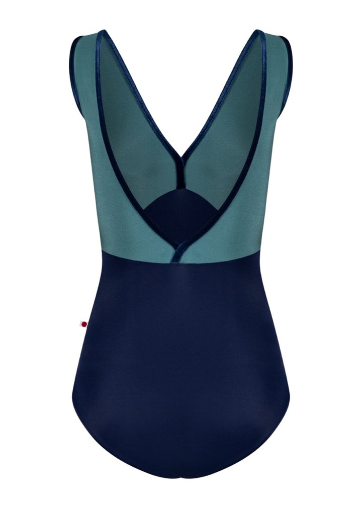 Yumiko women's Alicia tank leotard in dark blue with green top and dark blue velvet trim.