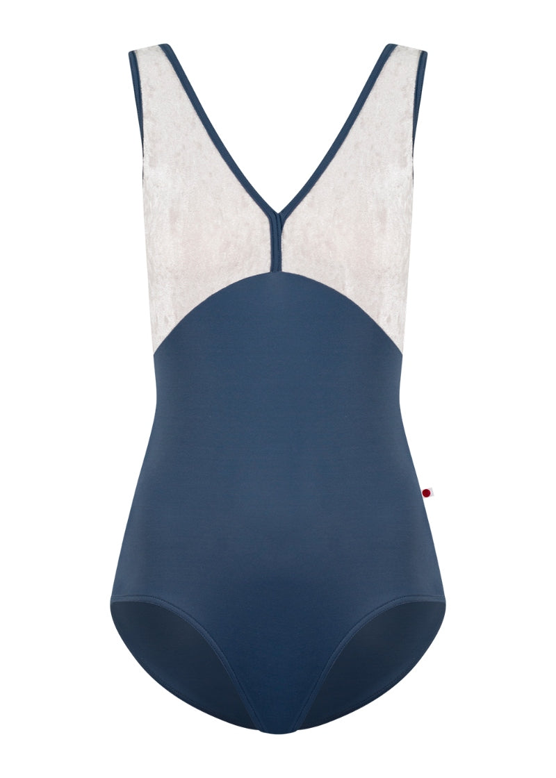 Yumiko Alicia tank leotard in dark blue with silver crushed velvet bodice