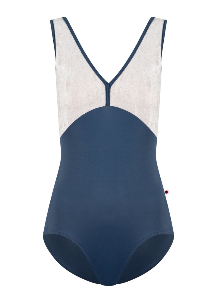 Yumiko Alicia tank leotard in dark blue with silver crushed velvet bodice