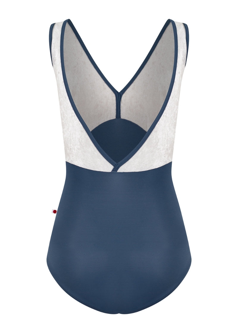 Yumiko Alicia tank leotard in dark blue with silver crushed velvet bodice