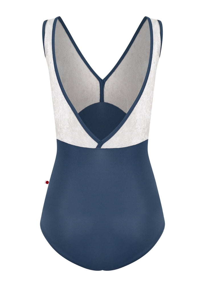 Yumiko Alicia tank leotard in dark blue with silver crushed velvet bodice