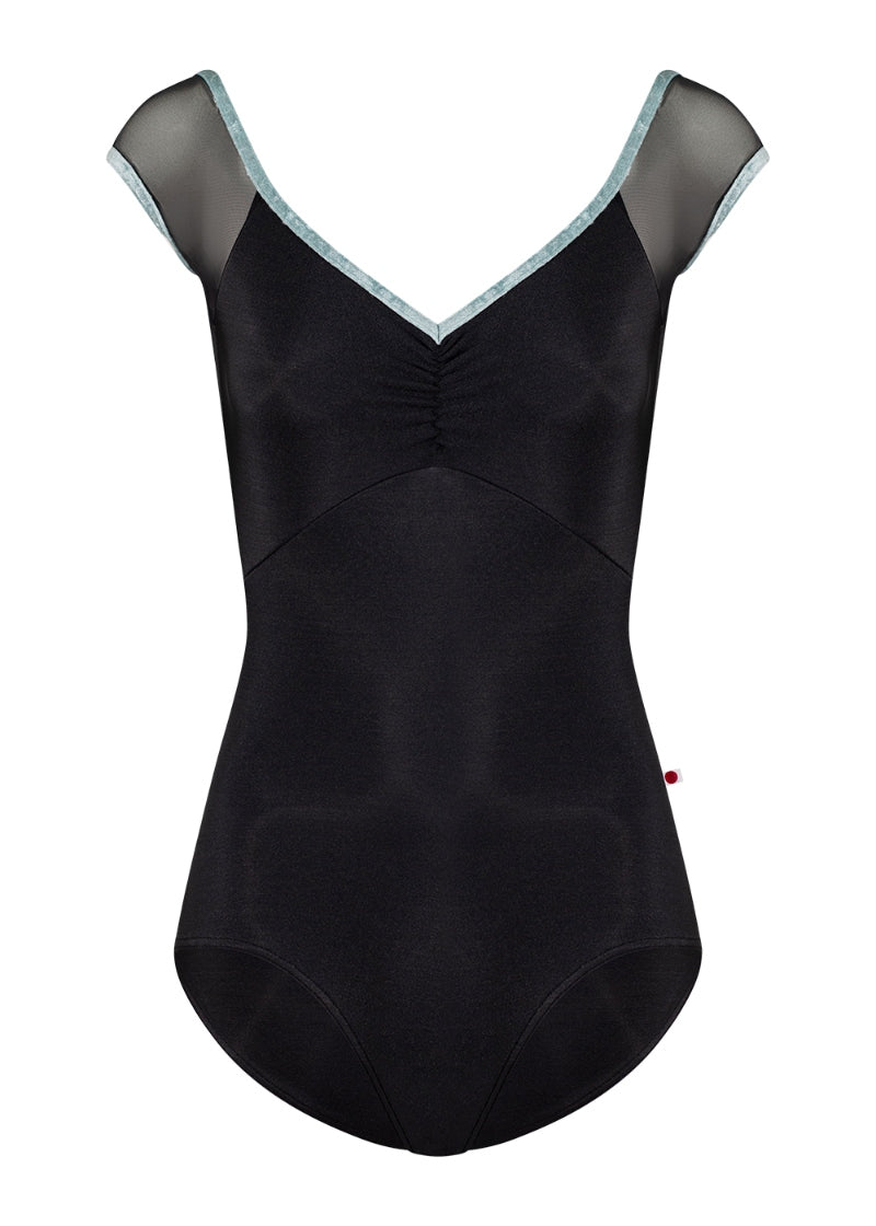 Yumiko Elli cap sleeve leotard in black with mesh sleeves and back panel and white crushed velvet trim
