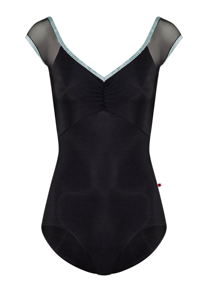 Yumiko Elli cap sleeve leotard in black with mesh sleeves and back panel and white crushed velvet trim