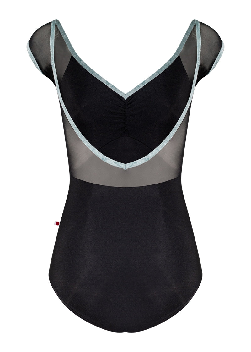 Yumiko Elli cap sleeve leotard in black with mesh sleeves and back panel and white crushed velvet trim