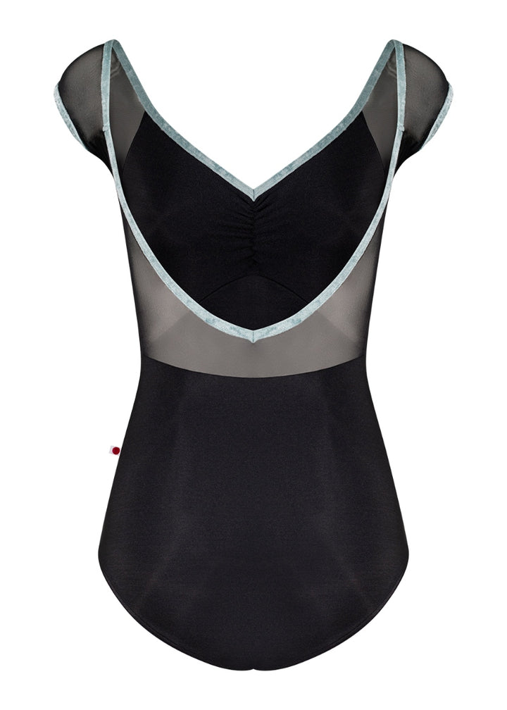 Yumiko Elli cap sleeve leotard in black with mesh sleeves and back panel and white crushed velvet trim
