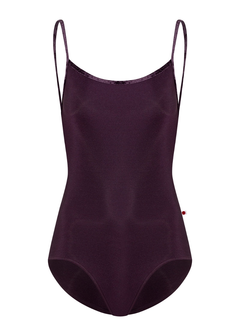Yumiko Marisa camisole leotard in dark purple with crushed velvet trim and straps
