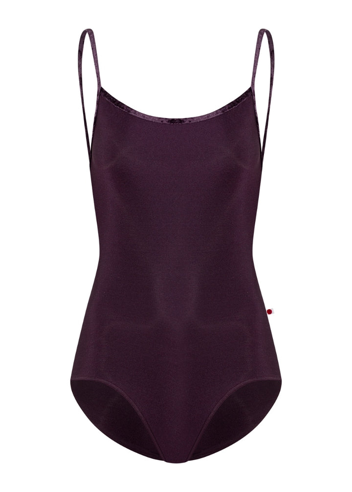 Yumiko Marisa camisole leotard in dark purple with crushed velvet trim and straps
