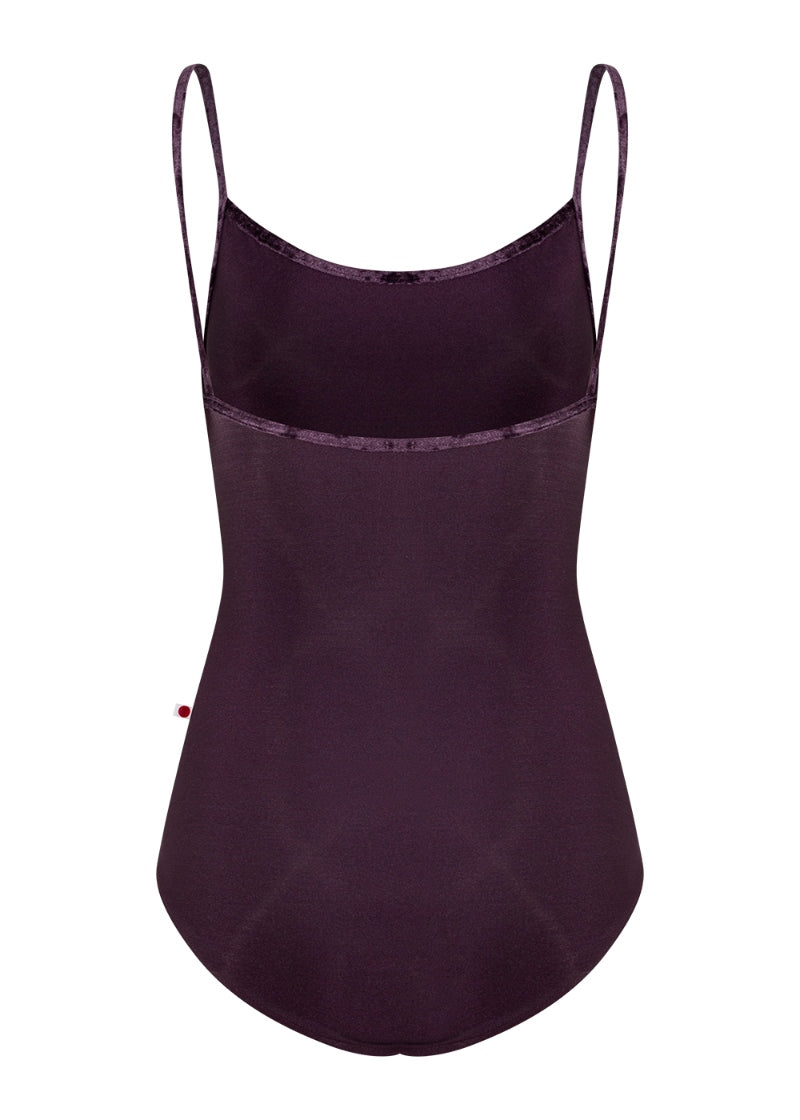 Yumiko Marisa camisole leotard in dark purple with crushed velvet trim and straps