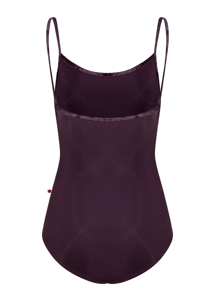 Yumiko Marisa camisole leotard in dark purple with crushed velvet trim and straps