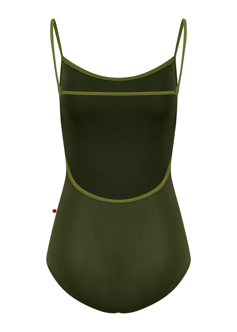 Yumiko Tamara camisole leotard in dark green with light green trim and straps