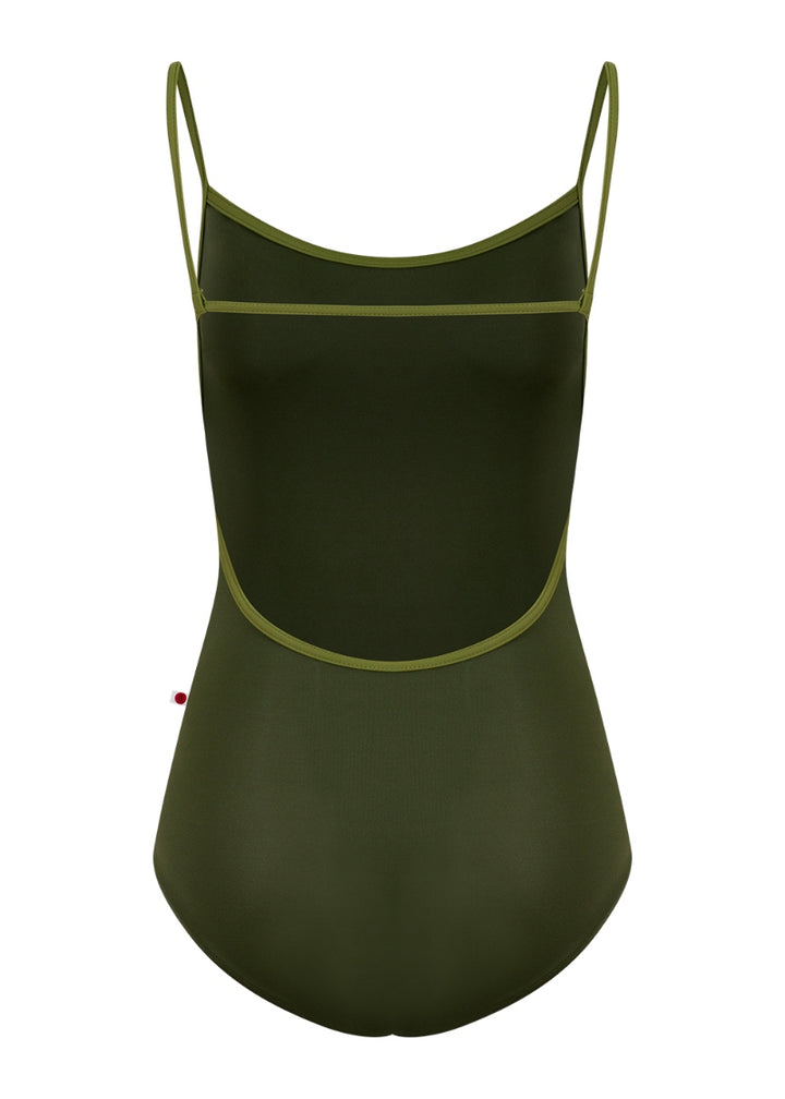 Yumiko Tamara camisole leotard in dark green with light green trim and straps