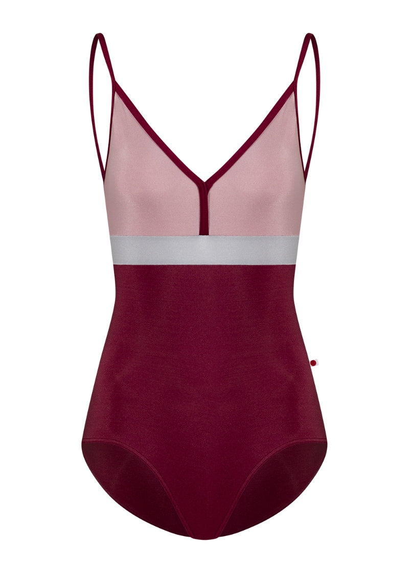 Yumiko Zoe camisole leotard in burgundy with pink bodice and silver waistline