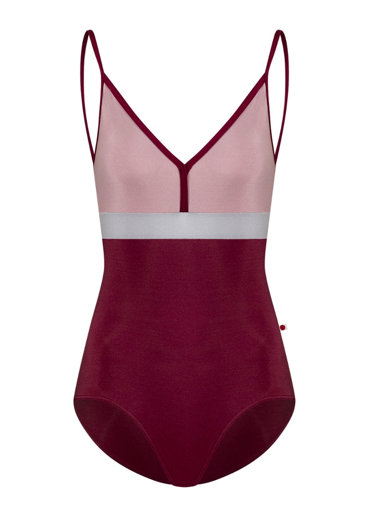 Yumiko Zoe camisole leotard in burgundy with pink bodice and silver waistline