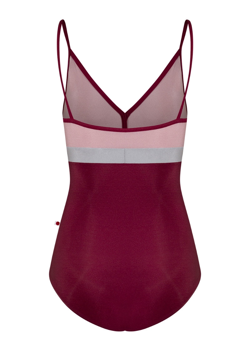 Yumiko Zoe camisole leotard in burgundy with pink bodice and silver waistline