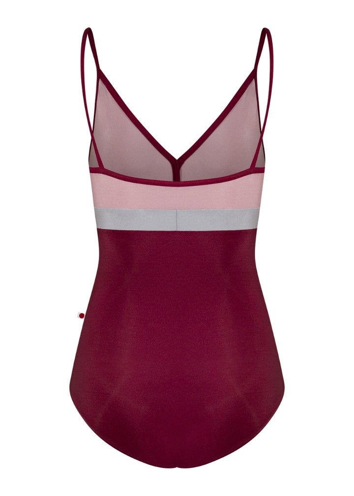 Yumiko Zoe camisole leotard in burgundy with pink bodice and silver waistline